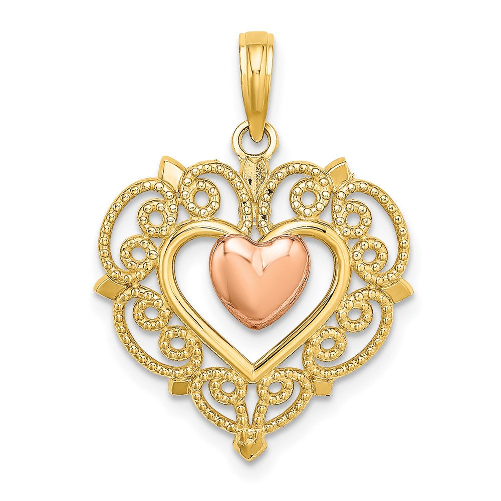 14k Two-tone Gold Yellow and Rose Gold Heart w/ Lace Trim Charm