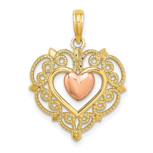 14k Two-tone Gold Yellow and Rose Gold Heart w/ Lace Trim Charm