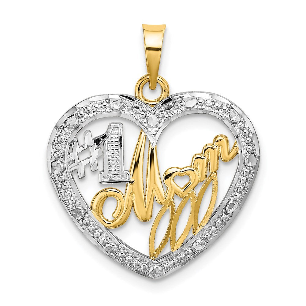14k Yellow & Rhodium Gold w/ Rhodium Textured #1 MOM In Heart Charm