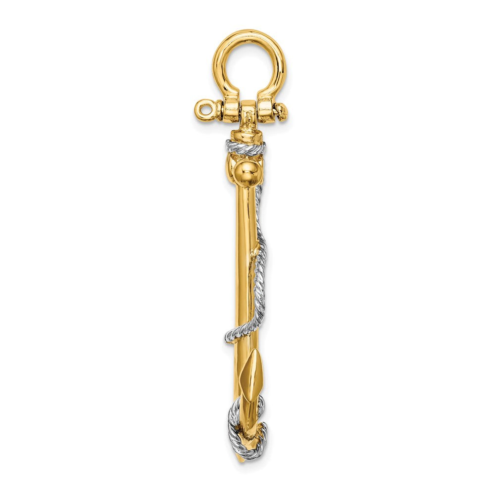 14k Yellow & Rhodium Gold w/Rhodium 3-D Large Anchor w/Rope and Shackle Bail Charm