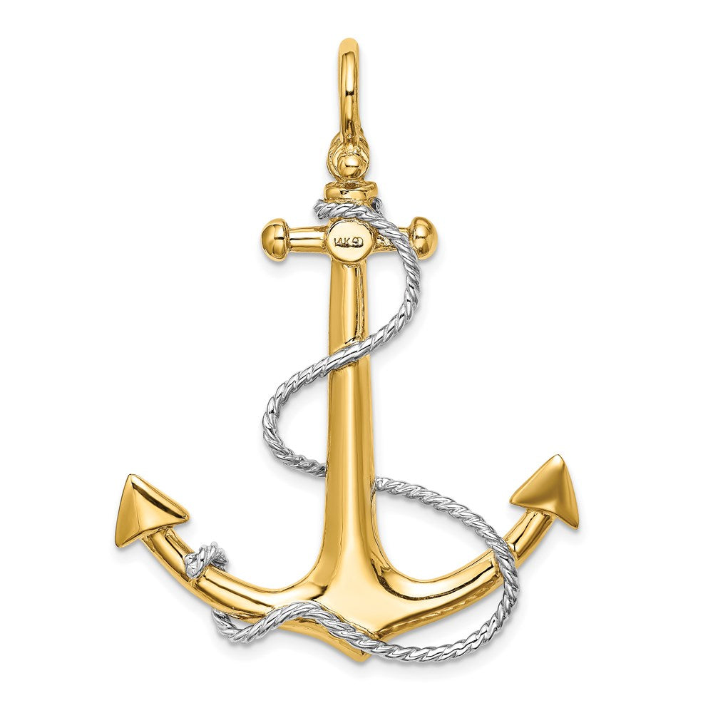 14k Yellow & Rhodium Gold w/Rhodium 3-D Large Anchor w/Rope and Shackle Bail Charm