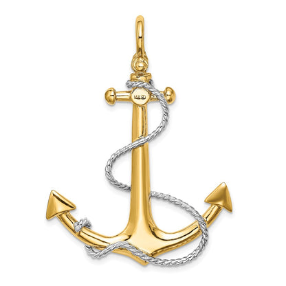 14k Yellow & Rhodium Gold w/Rhodium 3-D Large Anchor w/Rope and Shackle Bail Charm