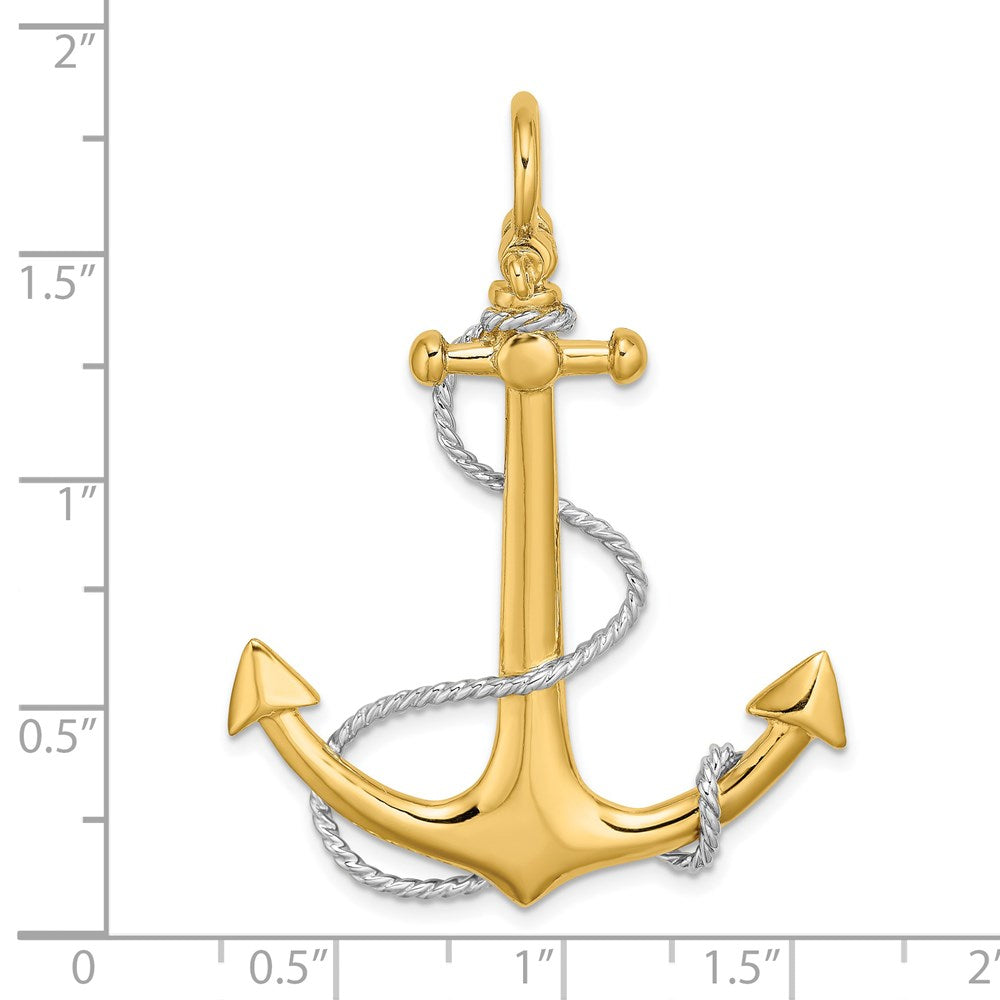 14k Yellow & Rhodium Gold w/Rhodium 3-D Large Anchor w/Rope and Shackle Bail Charm