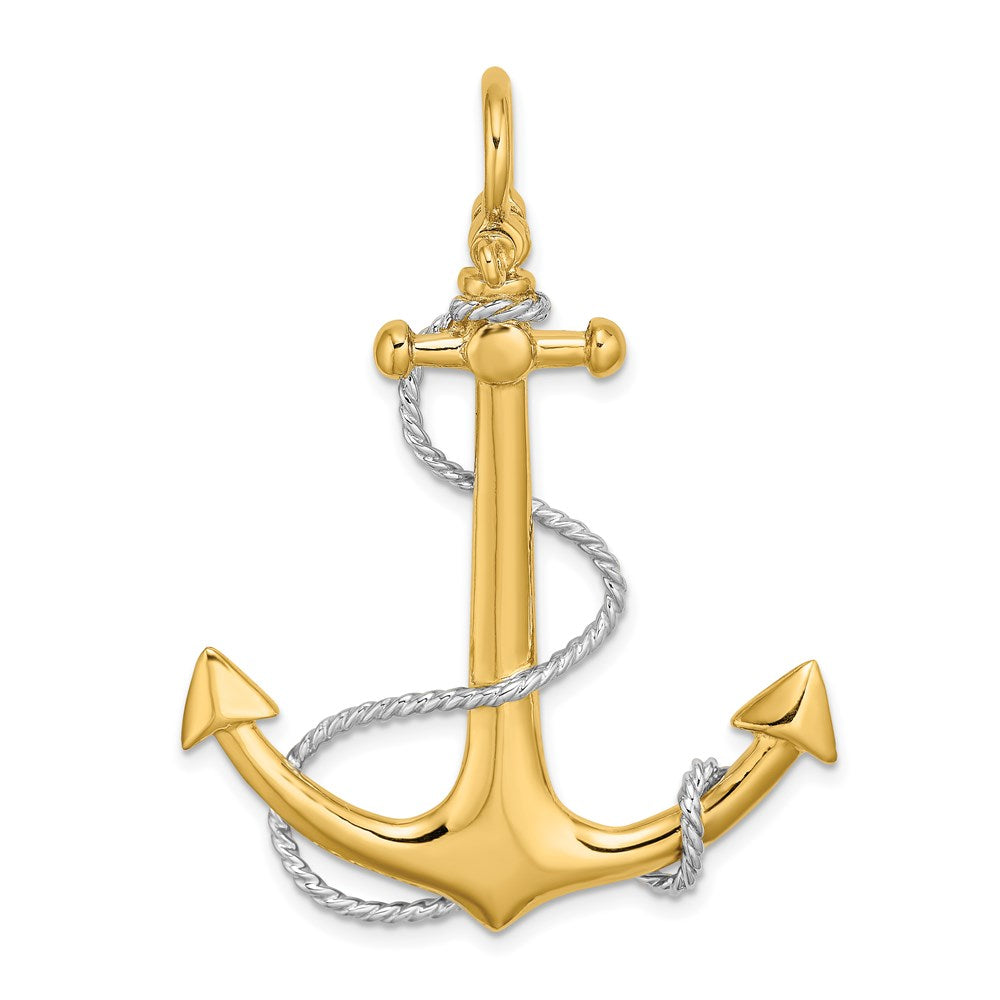 14k Yellow & Rhodium Gold w/Rhodium 3-D Large Anchor w/Rope and Shackle Bail Charm