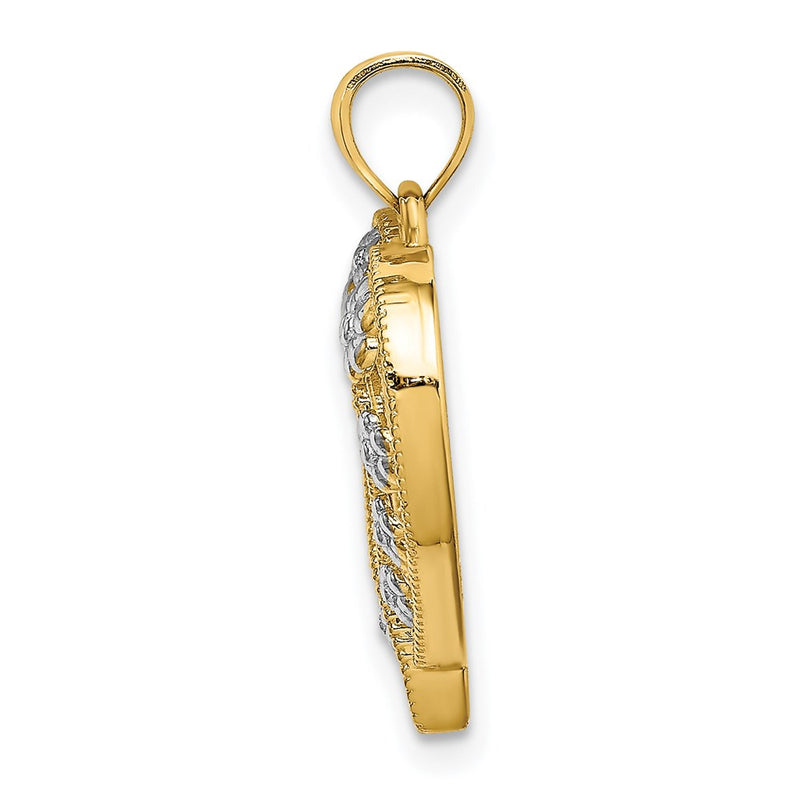 14k Yellow & Rhodium Gold Two-tone Gold Textured Cut-Out Heart w/ Flowers Charm