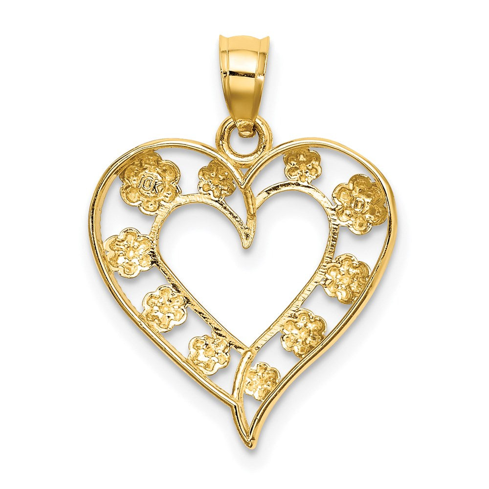14k Yellow & Rhodium Gold Two-tone Gold Textured Cut-Out Heart w/ Flowers Charm