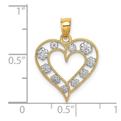 14k Yellow & Rhodium Gold Two-tone Gold Textured Cut-Out Heart w/ Flowers Charm