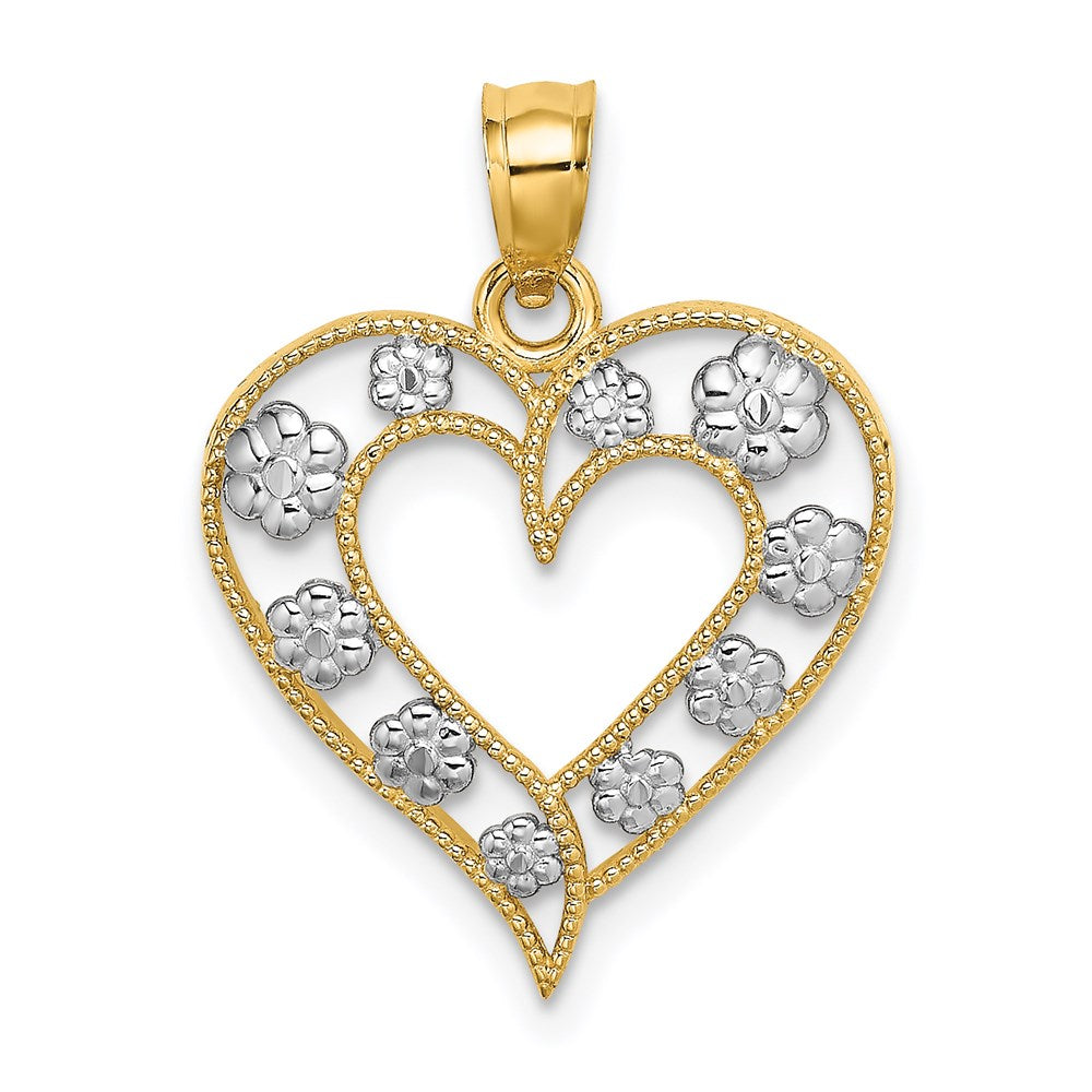 14k Yellow & Rhodium Gold Two-tone Gold Textured Cut-Out Heart w/ Flowers Charm