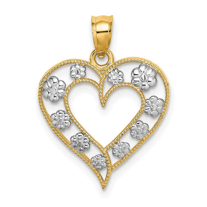 14k Yellow & Rhodium Gold Two-tone Gold Textured Cut-Out Heart w/ Flowers Charm