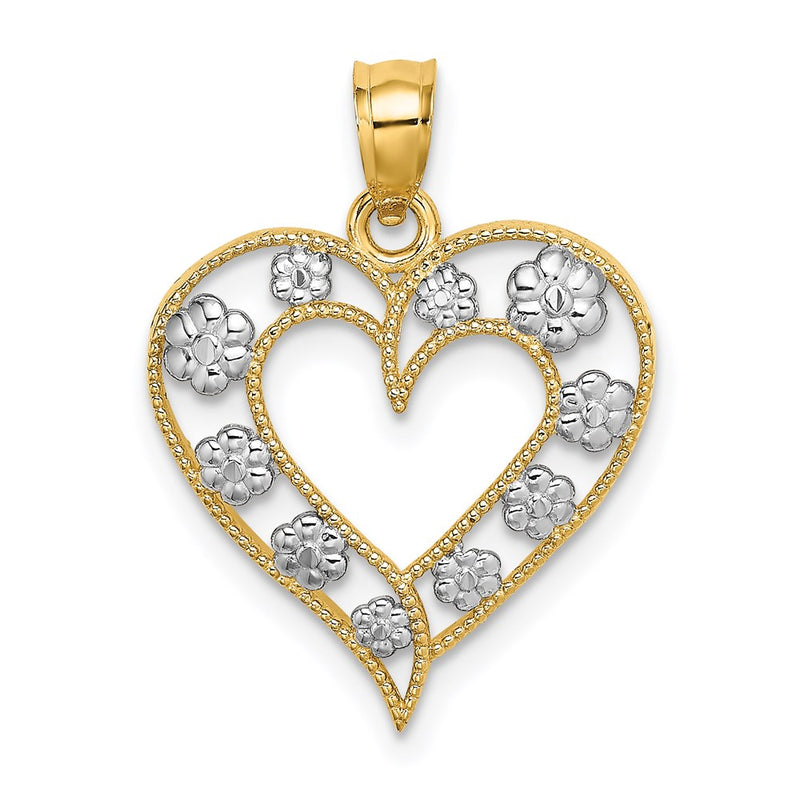 14k Yellow & Rhodium Gold Two-tone Gold Textured Cut-Out Heart w/ Flowers Charm