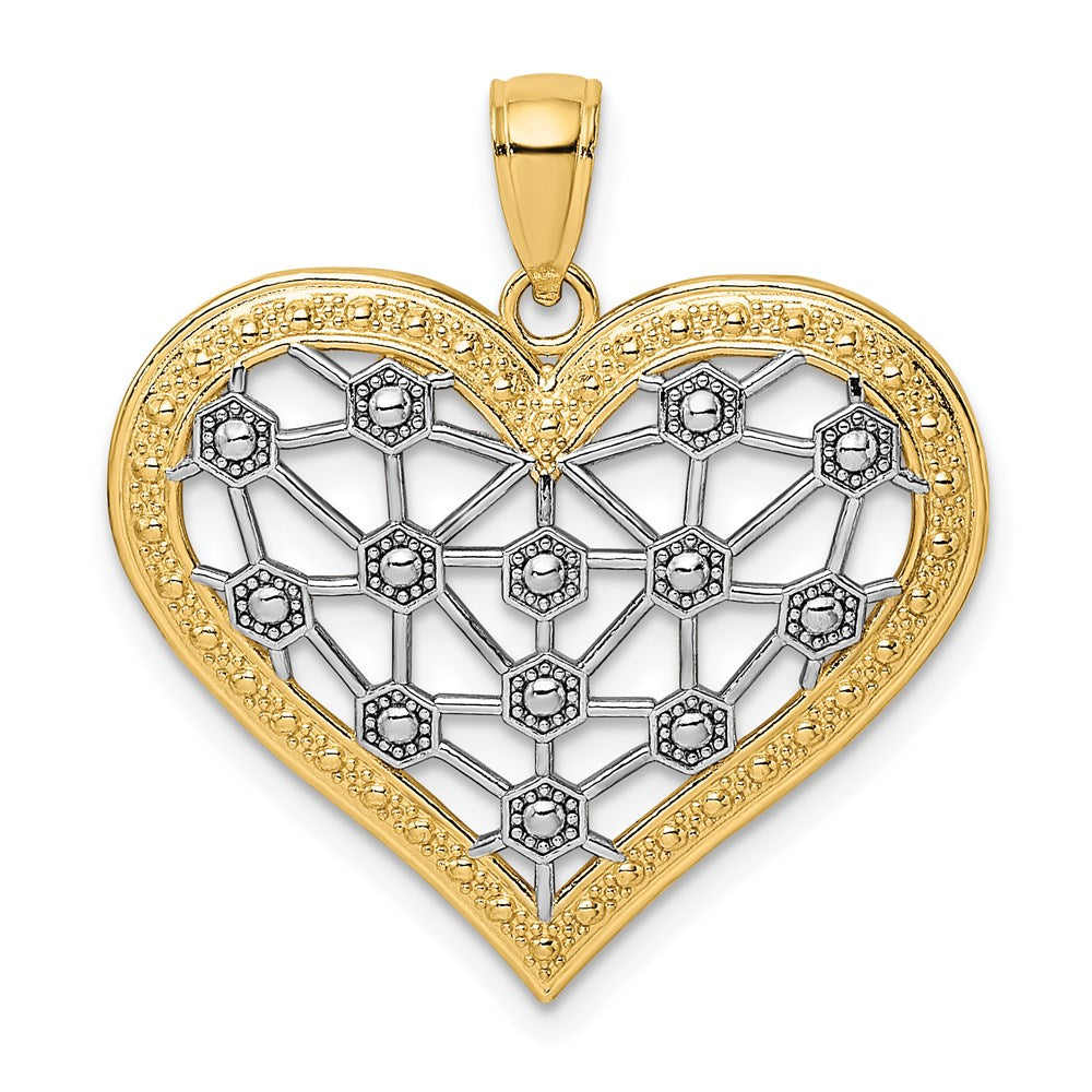 14k Yellow & Rhodium Gold w/Rhodium Lattice Center Heart Charm