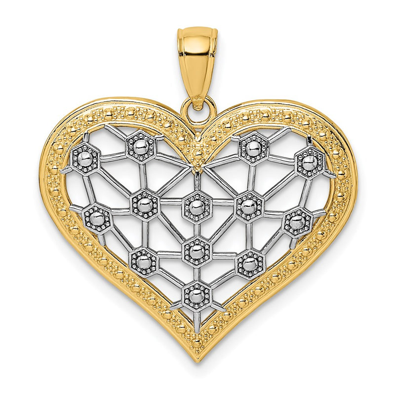 14k Yellow & Rhodium Gold w/Rhodium Lattice Center Heart Charm