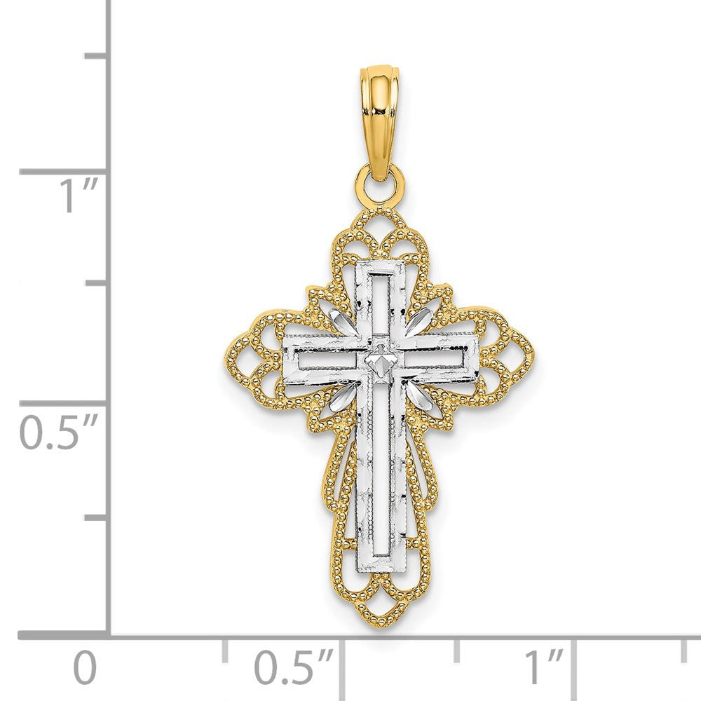 14k Yellow & Rhodium Gold W/ Rhodium Lace Trim Cross Charm