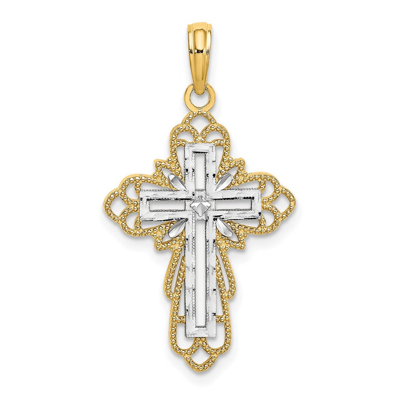 14k Yellow & Rhodium Gold W/ Rhodium Lace Trim Cross Charm