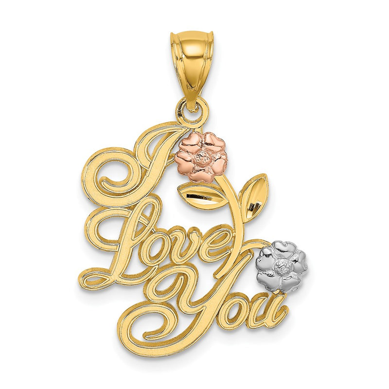14k Two-tone Gold w/White Rhodium I LOVE YOU w/Flowers Charm