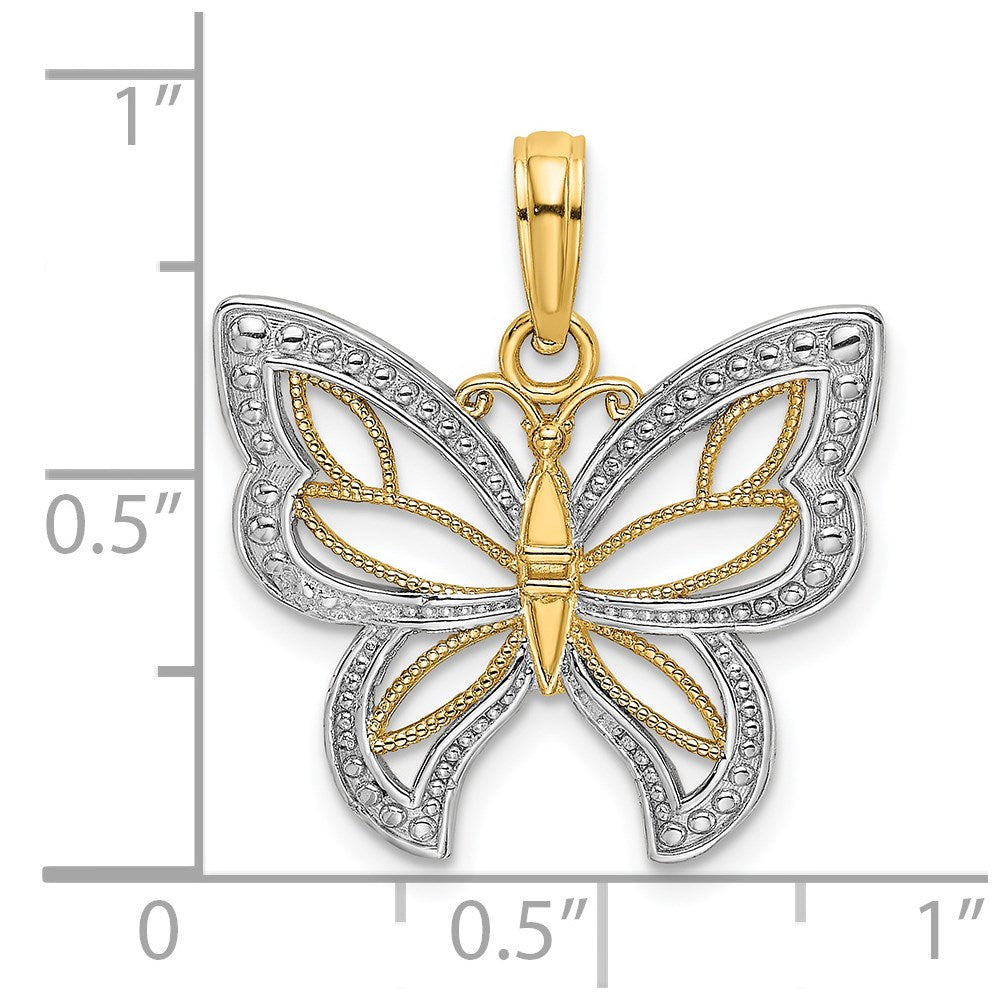 14k Yellow & Rhodium Gold w/Rhodium Butterfly w/ White Beaded Wings Charm