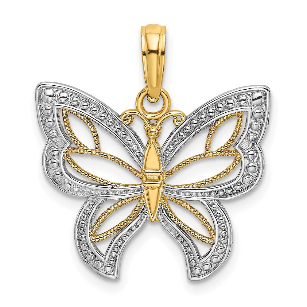 14k Yellow & Rhodium Gold w/Rhodium Butterfly w/ White Beaded Wings Charm