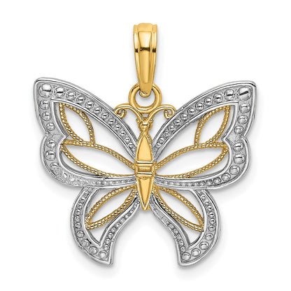 14k Yellow & Rhodium Gold w/Rhodium Butterfly w/ White Beaded Wings Charm