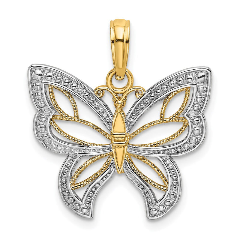 14k Yellow & Rhodium Gold w/Rhodium Butterfly w/ White Beaded Wings Charm