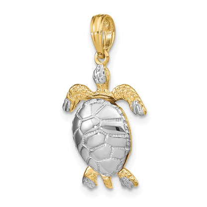 14k Yellow & Rhodium Gold with White Rhodium Polished 3-D Moveable Sea Turtle Charm