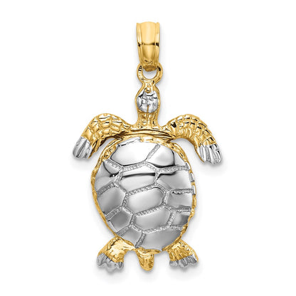 14k Yellow & Rhodium Gold with White Rhodium Polished 3-D Moveable Sea Turtle Charm