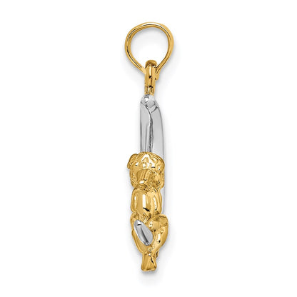 14k Yellow & Rhodium Gold w/Rhodium 3-D Angel on Moon Charm