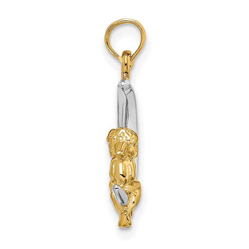 14k Yellow & Rhodium Gold w/Rhodium 3-D Angel on Moon Charm