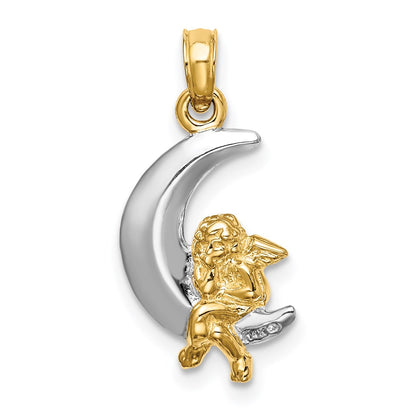 14k Yellow & Rhodium Gold w/Rhodium 3-D Angel on Moon Charm