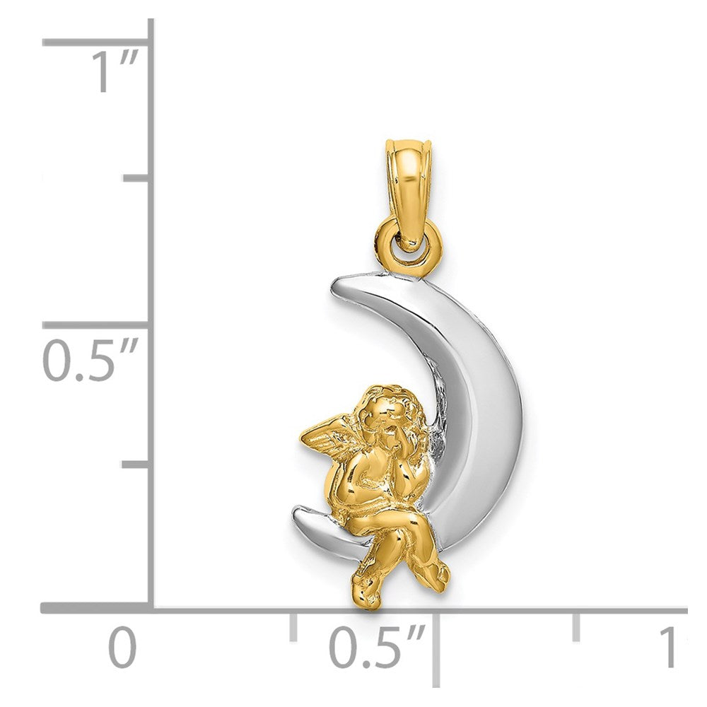 14k Yellow & Rhodium Gold w/Rhodium 3-D Angel on Moon Charm