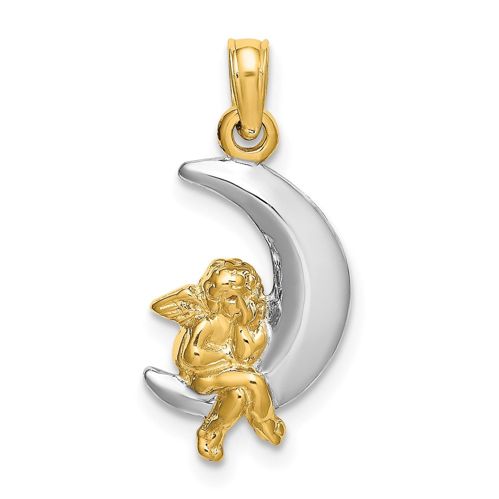 14k Yellow & Rhodium Gold w/Rhodium 3-D Angel on Moon Charm