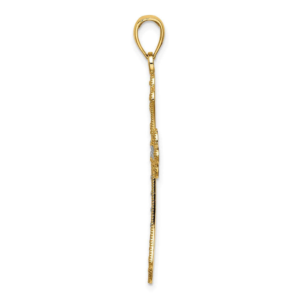 14k Yellow & Rhodium Gold W/ Rhodium Scalloped Edges Cross Charm