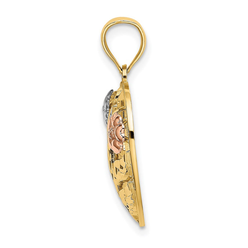 14k Two-tone Gold Two-tone Gold w/ White Rhodium Heart w/LOVE and Flowers Charm