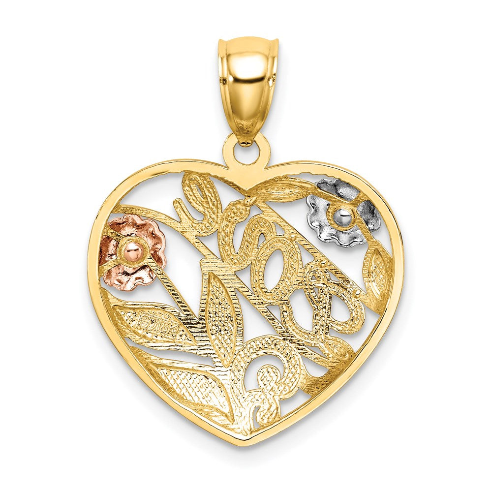 14k Two-tone Gold Two-tone Gold w/ White Rhodium Heart w/LOVE and Flowers Charm