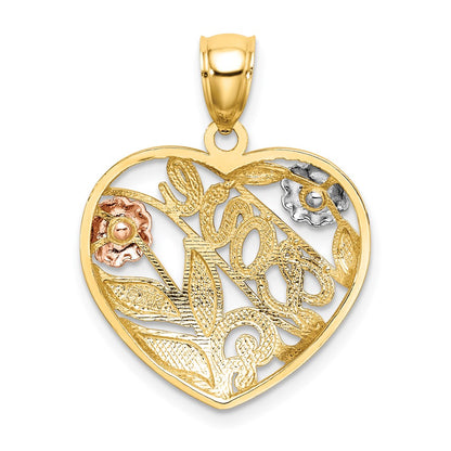 14k Two-tone Gold Two-tone Gold w/ White Rhodium Heart w/LOVE and Flowers Charm