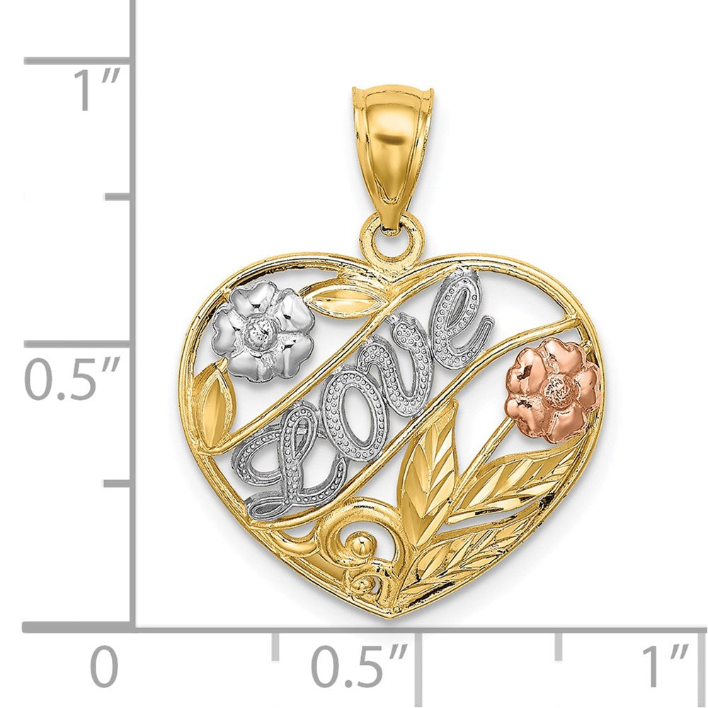 14k Two-tone Gold Two-tone Gold w/ White Rhodium Heart w/LOVE and Flowers Charm