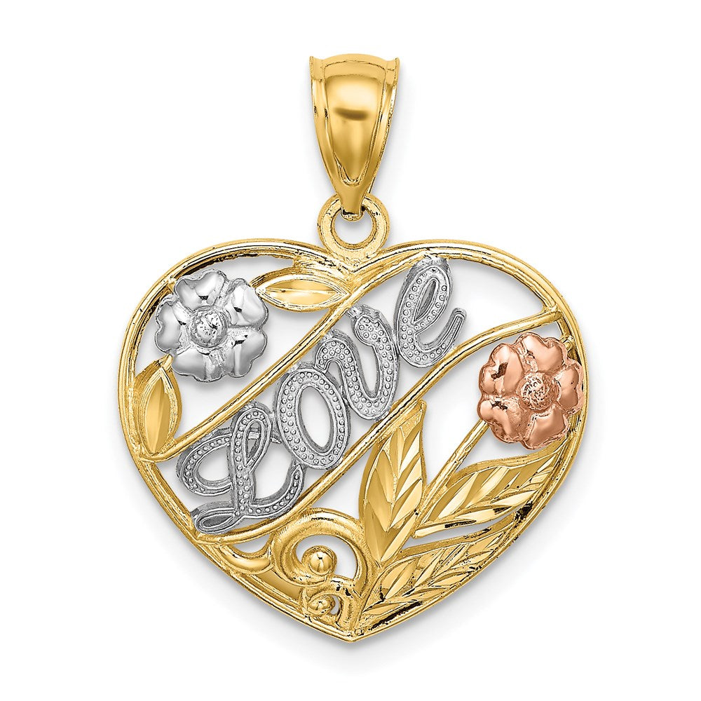 14k Two-tone Gold Two-tone Gold w/ White Rhodium Heart w/LOVE and Flowers Charm