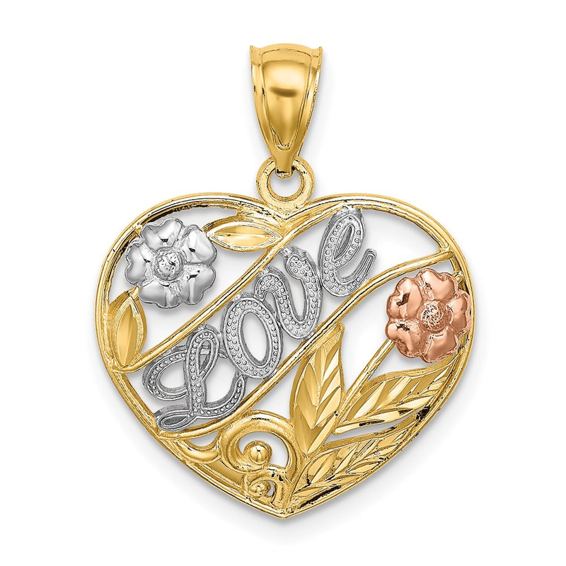 14k Two-tone Gold Two-tone Gold w/ White Rhodium Heart w/LOVE and Flowers Charm