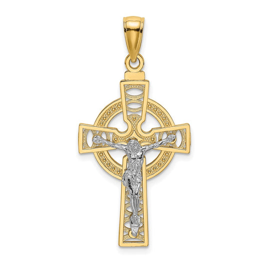 14k Two-tone Gold Celtic Crucifix w/ Eternity Circle Charm