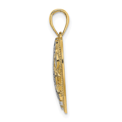 14k Yellow & Rhodium Gold w/Rhodium Diamond-cut Leaves In Heart Charm