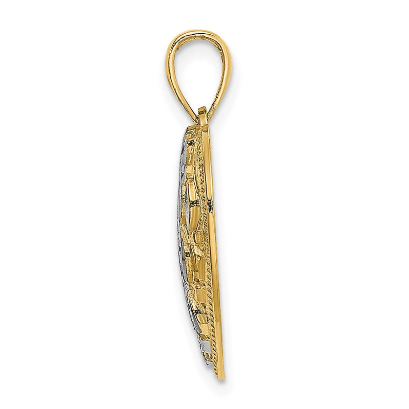 14k Yellow & Rhodium Gold w/Rhodium Diamond-cut Leaves In Heart Charm