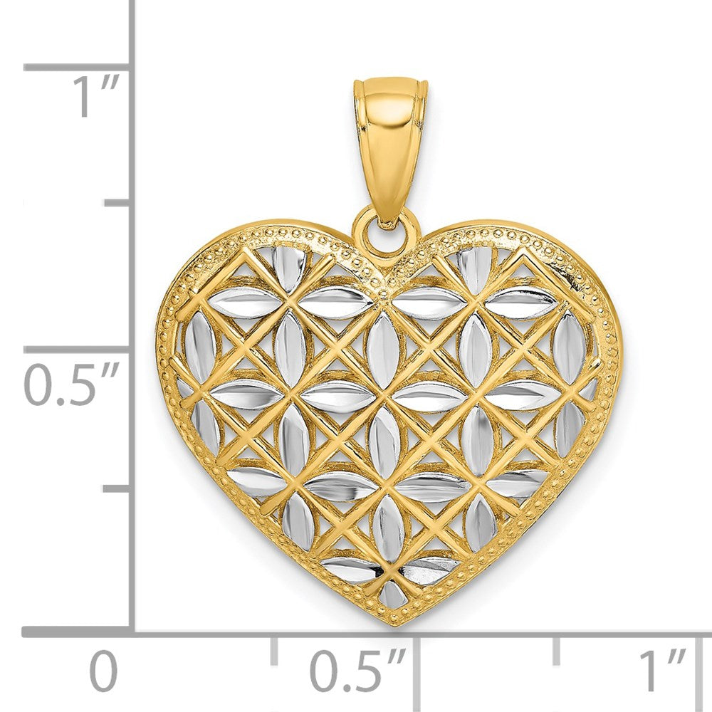 14k Yellow & Rhodium Gold w/Rhodium Diamond-cut Leaves In Heart Charm