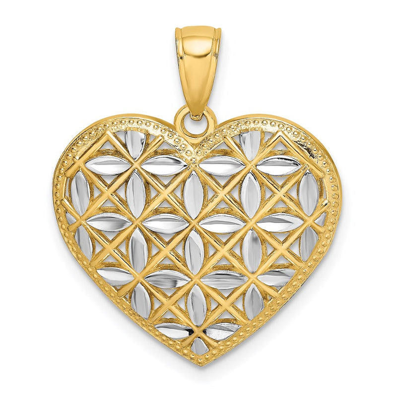 14k Yellow & Rhodium Gold w/Rhodium Diamond-cut Leaves In Heart Charm