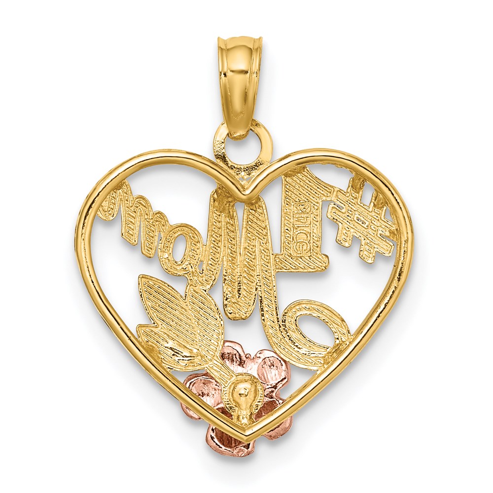 14k Two-tone Gold White Rhodium Textured #1 Mom Heart Charm