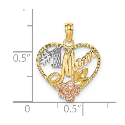 14k Two-tone Gold White Rhodium Textured #1 Mom Heart Charm