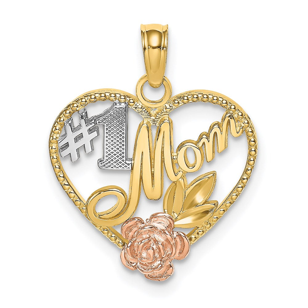 14k Two-tone Gold White Rhodium Textured #1 Mom Heart Charm