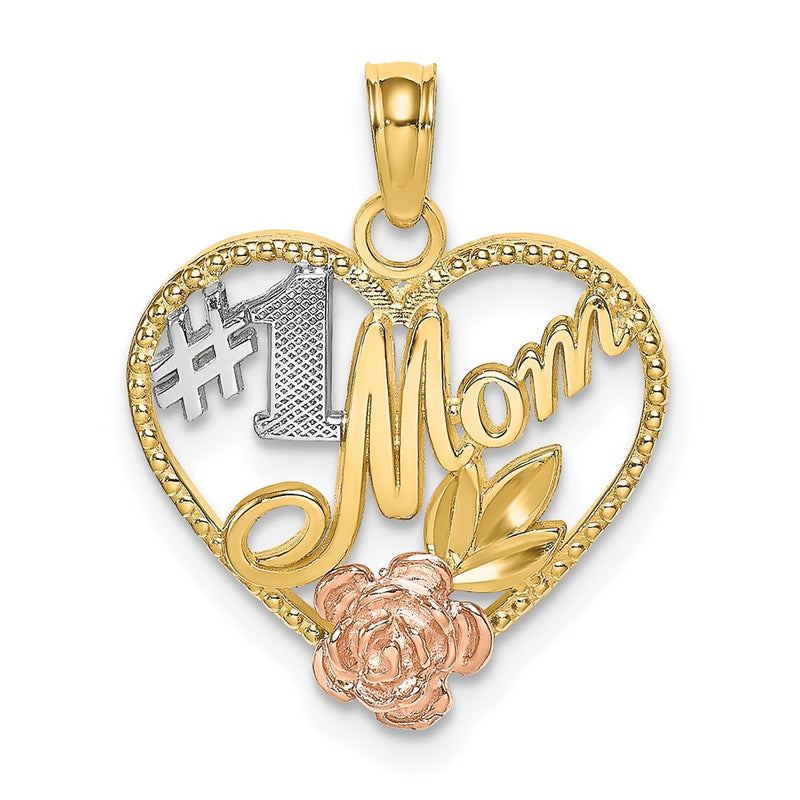14k Two-tone Gold White Rhodium Textured #1 Mom Heart Charm