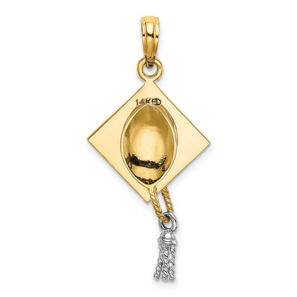 14k Yellow & Rhodium Gold 3-D Graduation Cap w/ White Rhodium Moveable Tassle Charm