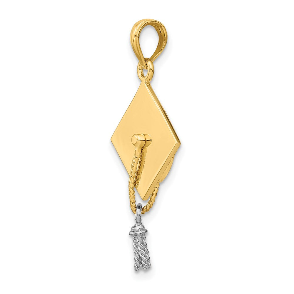 14k Yellow & Rhodium Gold 3-D Graduation Cap w/ White Rhodium Moveable Tassle Charm