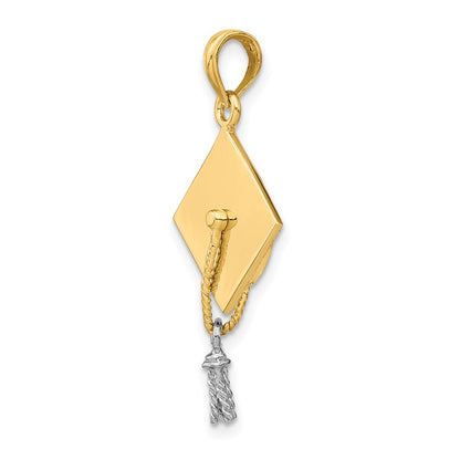 14k Yellow & Rhodium Gold 3-D Graduation Cap w/ White Rhodium Moveable Tassle Charm