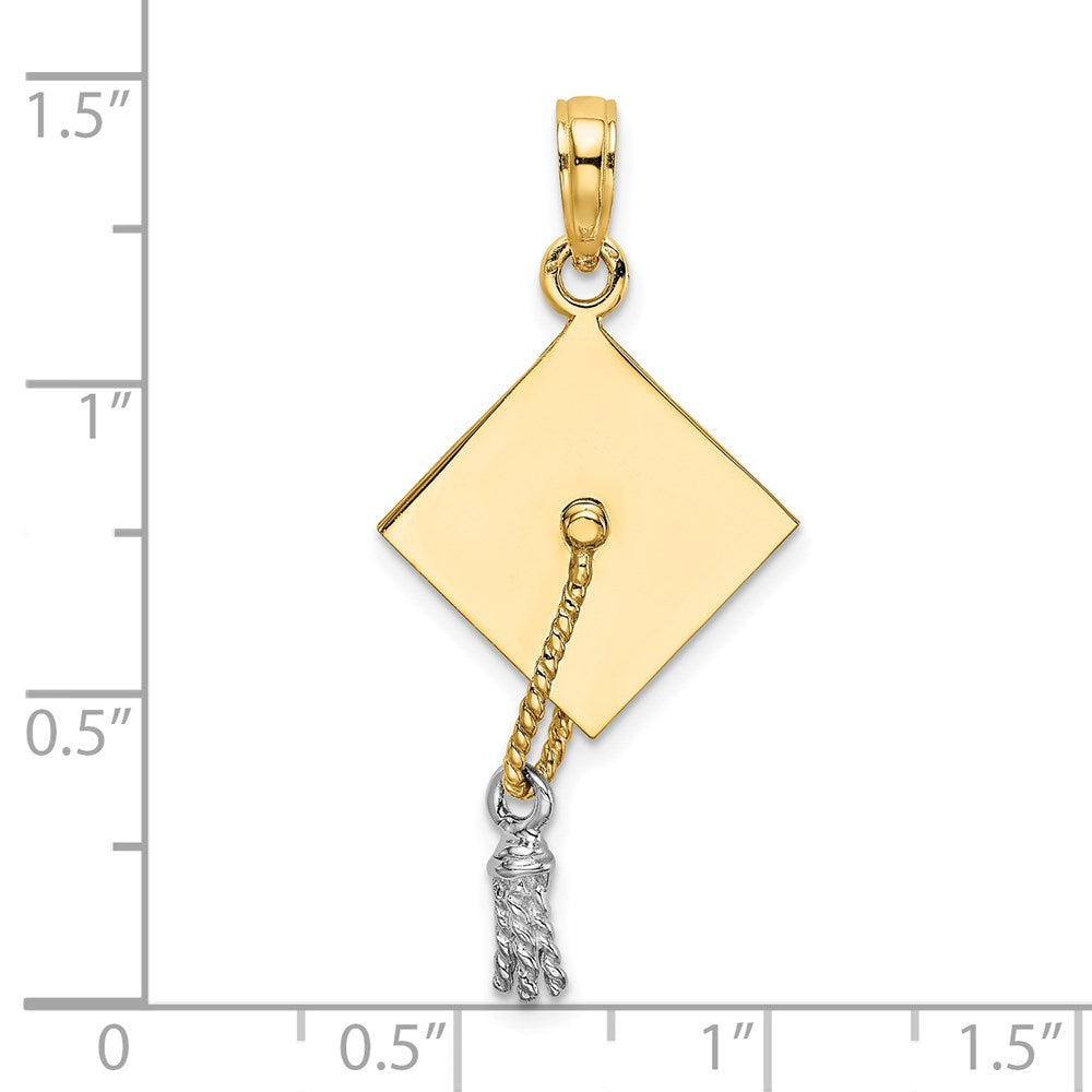 14k Yellow & Rhodium Gold 3-D Graduation Cap w/ White Rhodium Moveable Tassle Charm